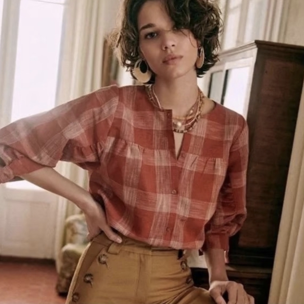 Sezane Dido Shirt Ochre Plaid 36 NWOT